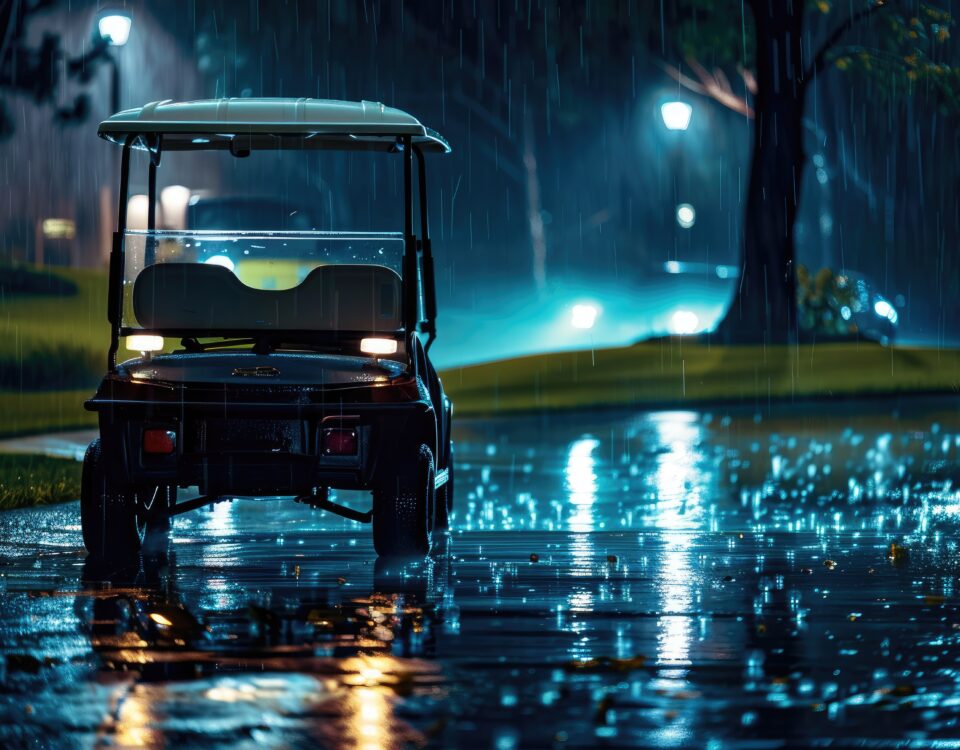 Golf cart in the rain